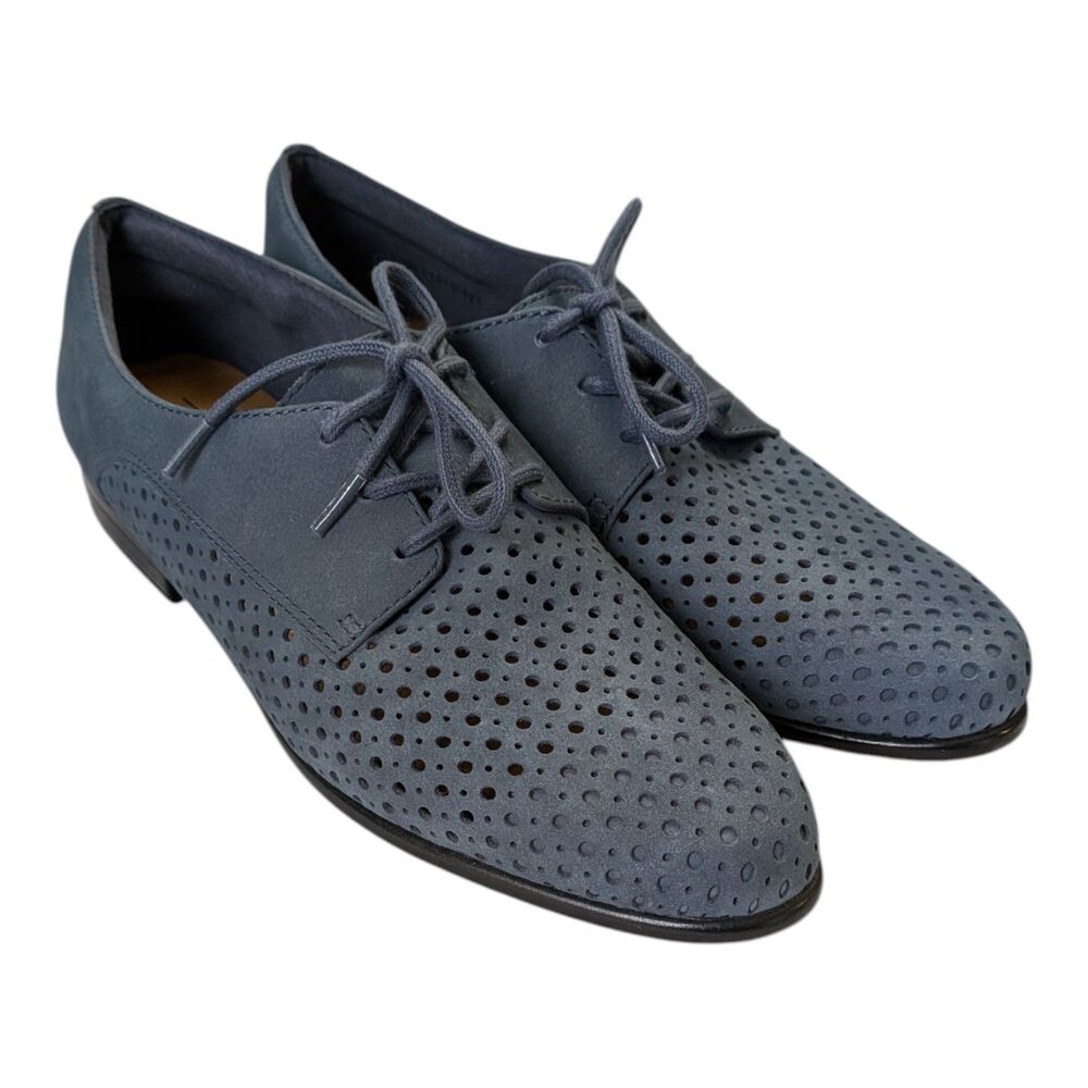 Trotters Women's Lizzie Perf Denim Blue Leather Lace-Up Oxford Comfort Flats 7